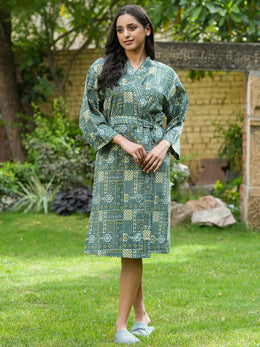 Green Cotton printed kimono robe - SanskrutiHomes 