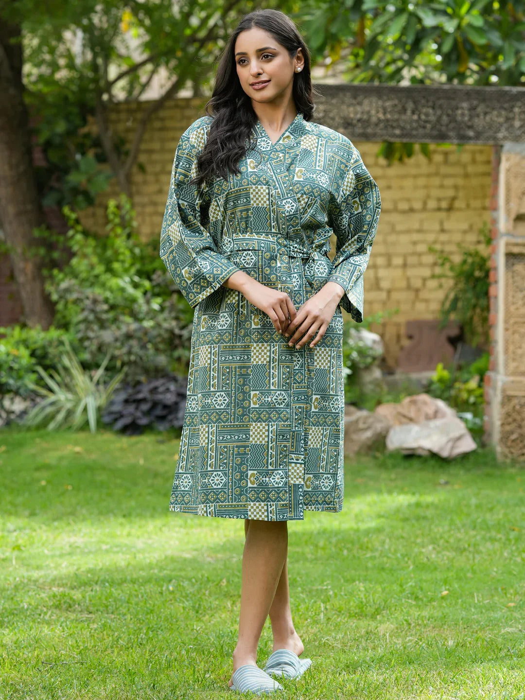 Green Cotton printed kimono robe - SanskrutiHomes 