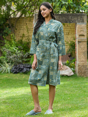 Green Cotton printed kimono robe - SanskrutiHomes 