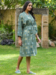 Green Cotton printed kimono robe - SanskrutiHomes 