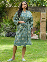 Green Cotton printed kimono robe - SanskrutiHomes 