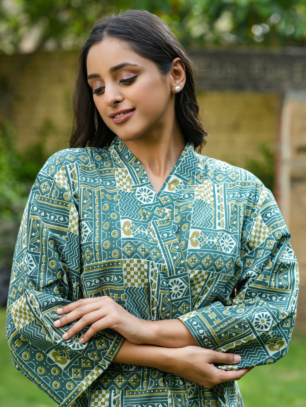 Green Cotton printed kimono robe - SanskrutiHomes 