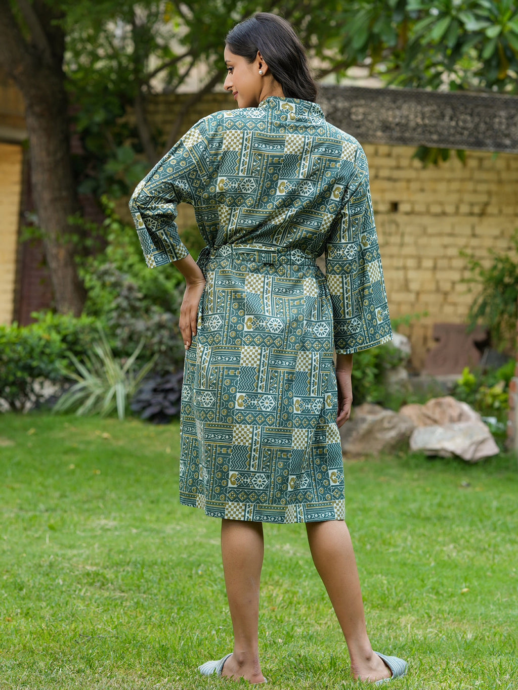 Green Cotton printed kimono robe - SanskrutiHomes 