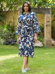 Navy blue Cotton printed kimono robe - SanskrutiHomes 