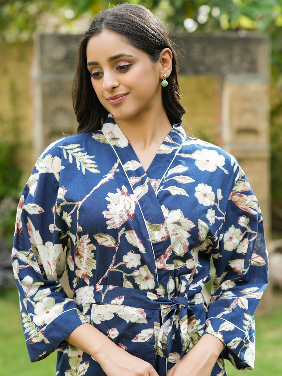 Navy blue Cotton printed kimono robe - SanskrutiHomes 