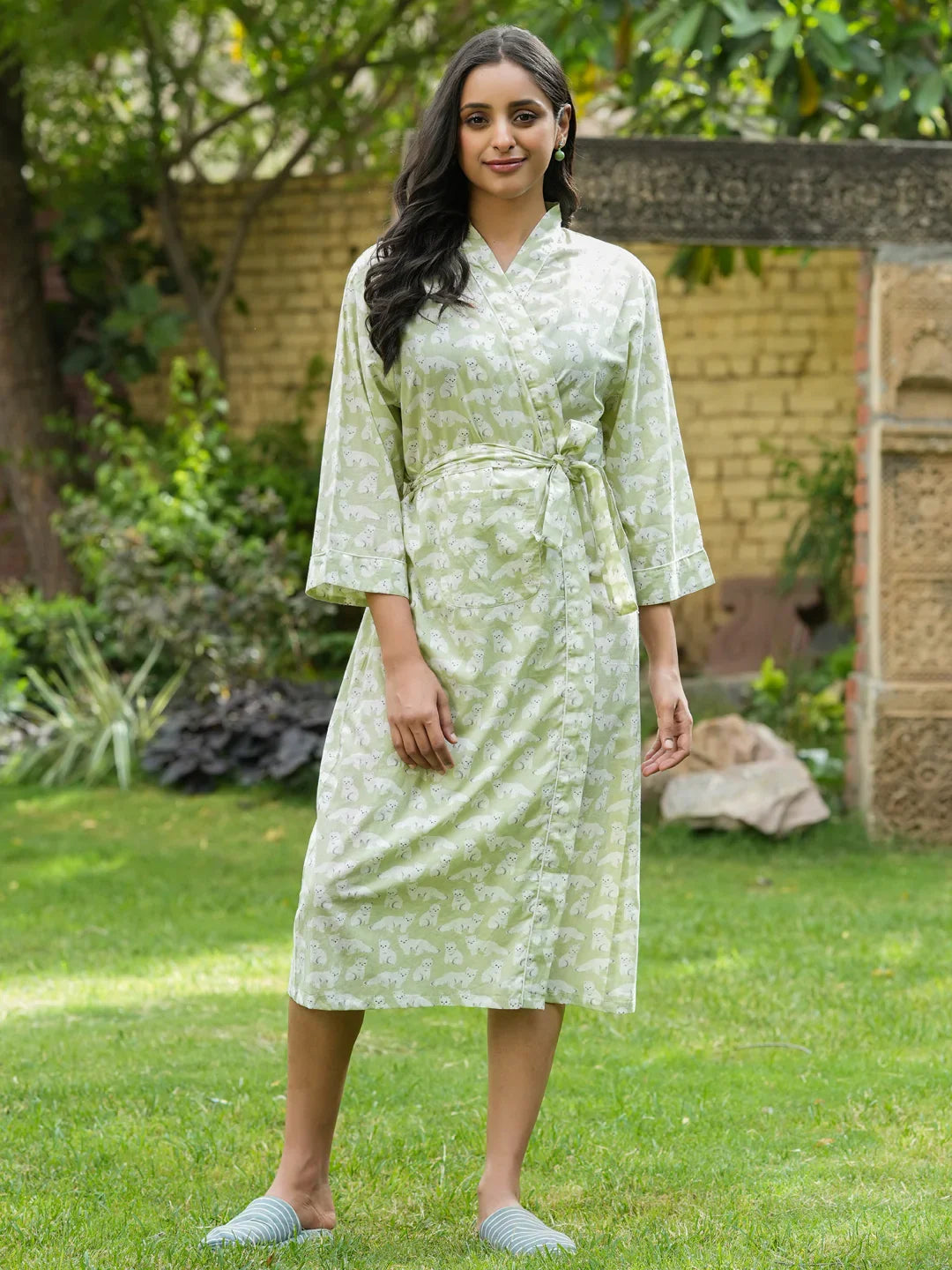 Green Cotton printed kimono robe - SanskrutiHomes 
