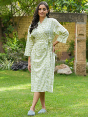 Green Cotton printed kimono robe - SanskrutiHomes 