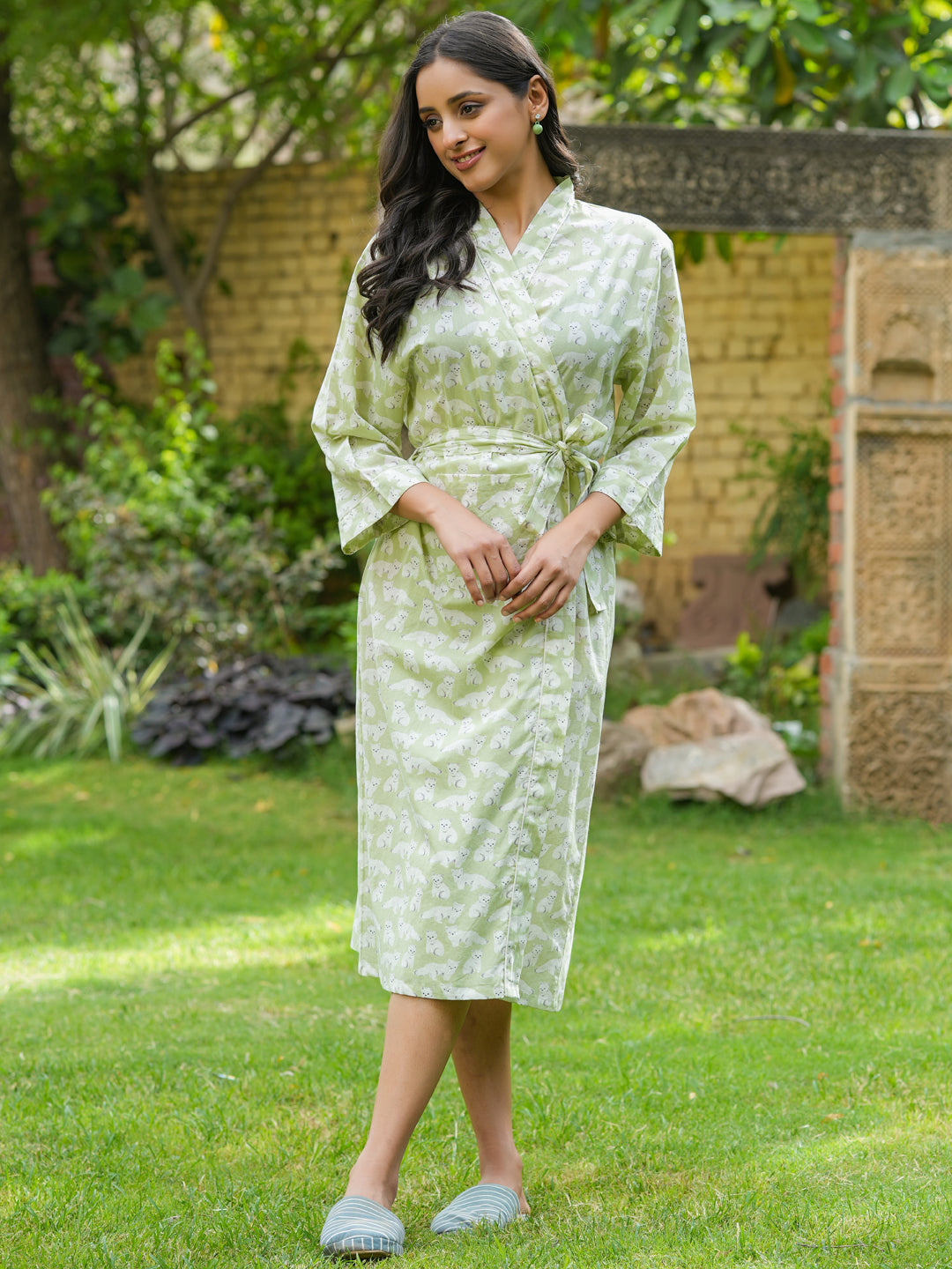 Green Cotton printed kimono robe - SanskrutiHomes 