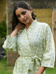Green Cotton printed kimono robe - SanskrutiHomes 