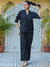 Black Polka Dot Mandarine-Style Split Collar Neck Cotton Night Suit Set For Women