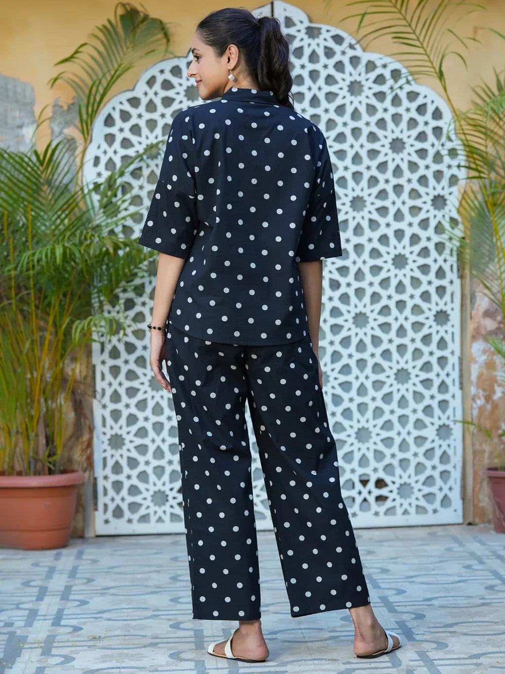 Black polka dot cotton Night Suit Set - SanskrutiHomes 