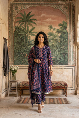 Blue Color Round Neck Flared Printed Pure Cotton Kurta Set For Women