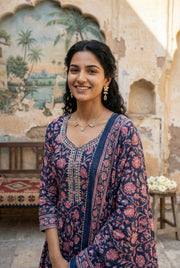 Blue Color Round Neck Flared Printed Pure Cotton Kurta Set For Women
