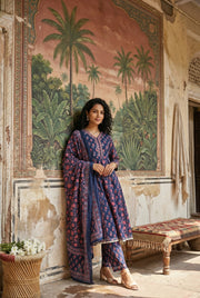Blue Color Round Neck Flared Printed Pure Cotton Kurta Set For Women