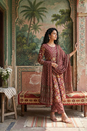 Maroon Color Round Neck Straight Printed Pure Cotton Kurta Set For Women