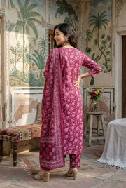 Pink Floral V-Neck Gotta Patti Pure Cotton Kurta Set For Women