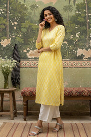 Yellow V-Neck Ethnic Motifs Straight Cotton Kurta For Women