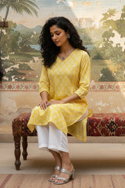 Yellow V-Neck Ethnic Motifs Straight Cotton Kurta For Women