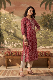Red Round Neck Bandhani Print Cotton Kurta For Women