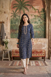 Blue Round Neck Bandhani Print Cotton Kurta For Women