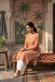 Orange V-Neck Bandhani Print Cotton Kurta For Women