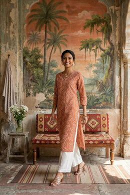Orange V-Neck Bandhani Print Cotton Kurta For Women