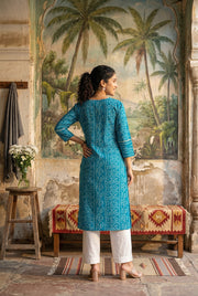 Blue V-Neck Bandhani Print Pure Cotton Kurta For Women