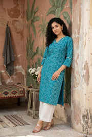 Blue V-Neck Bandhani Print Pure Cotton Kurta For Women