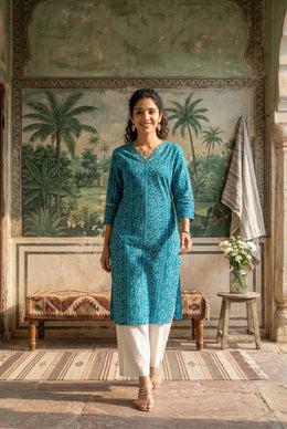 Blue V-Neck Bandhani Print Pure Cotton Kurta For Women