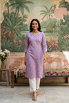 Lavender V-Neck Floral Print Cotton Kurta For Women