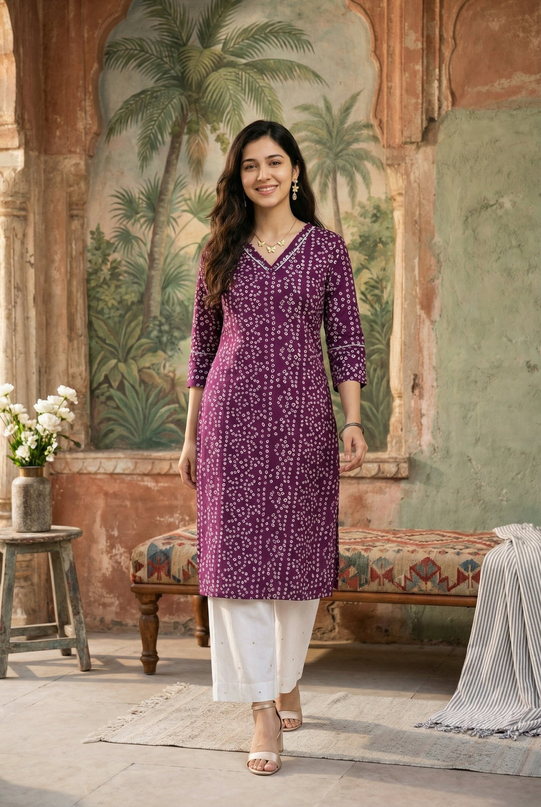 Purple V-Neck Bandhani Print Cotton Kurta For Women