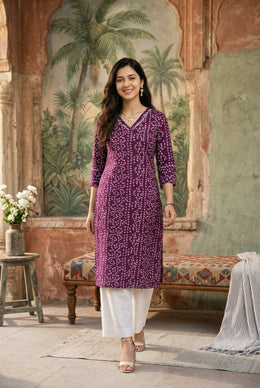 Purple V-Neck Bandhani Print Cotton Kurta For Women