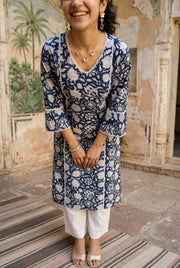 Black V-Neck Floral Print Cotton Kurta For Women