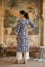 Black V-Neck Floral Print Cotton Kurta For Women