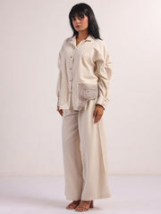 Cream Embroidered Lapel Collar Pure Cotton Co-Ord Set For Women