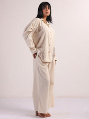 Cream Embroidered Lapel Collar Pure Cotton Co-Ord Set For Women