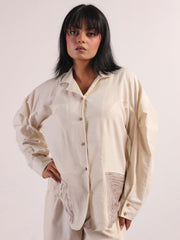 Cream Embroidered Lapel Collar Pure Cotton Co-Ord Set For Women