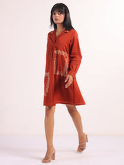 Rust Shoulder Straps Printed Flared Midi Dress For Women