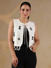 White Playing Card Print Handloom Jacket for Women - SanskrutiHomes 