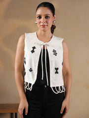 White Playing Card Print Handloom Jacket for Women - SanskrutiHomes 