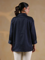 Navy Blue Shirt Collar Oversized Solid Women Shirt - SanskrutiHomes 