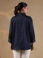 Navy Blue Shirt Collar Oversized Solid Women Shirt - SanskrutiHomes 