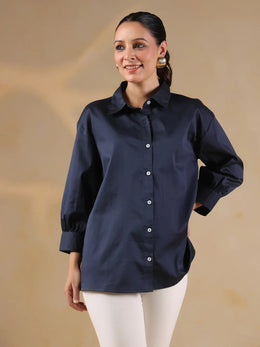 Navy Blue Shirt Collar Oversized Solid Women Shirt - SanskrutiHomes 