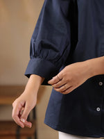 Navy Blue Shirt Collar Oversized Solid Women Shirt - SanskrutiHomes 