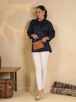Navy Blue Shirt Collar Oversized Solid Women Shirt - SanskrutiHomes 