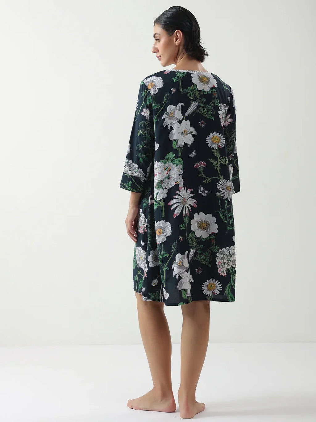 Black Floral Printed Cotton V-Neck Night Dress - SanskrutiHomes 