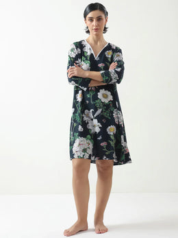 Black Floral Printed Cotton V-Neck Night Dress - SanskrutiHomes 