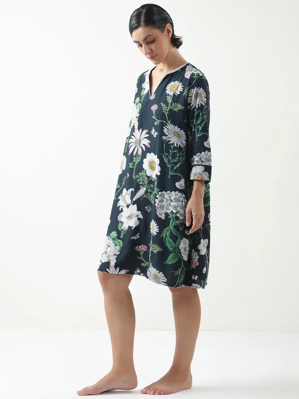 Black Floral Printed Cotton V-Neck Night Dress - SanskrutiHomes 