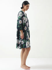 Black Floral Printed Cotton V-Neck Night Dress - SanskrutiHomes 
