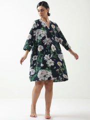 Black Floral Printed Cotton V-Neck Night Dress - SanskrutiHomes 